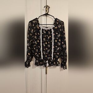 Floral Black Blouse with Lace Trim